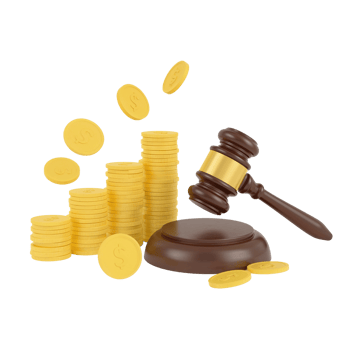 Financial justice illustration featuring a gavel and increasing stacks of coins in a transparent png