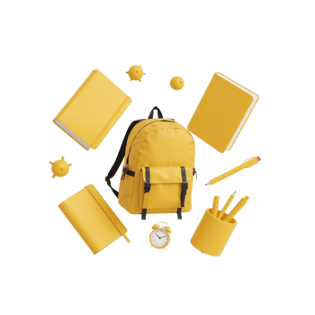 Elevated school essentials floating presentation, depicting bright yellow backpack and stationery png
