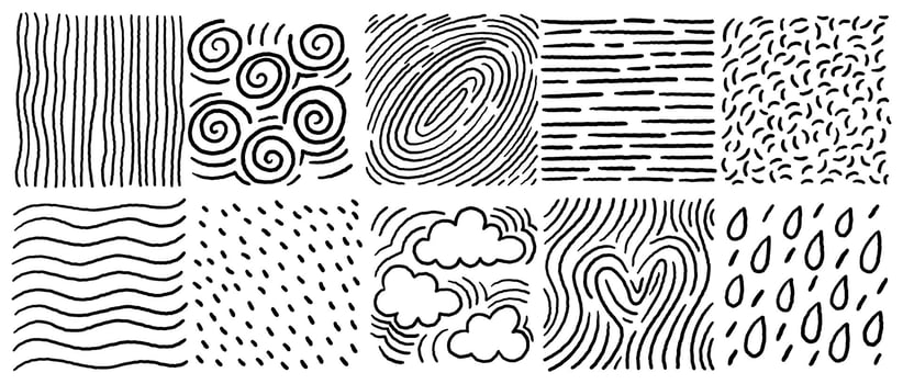 Playful hand drawn crosshatch textures with clouds drops waves and fingerprint patterns vector