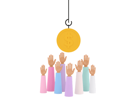 Illustration depicting pursuit of financial gain with hands reaching for a dangling gold coin png