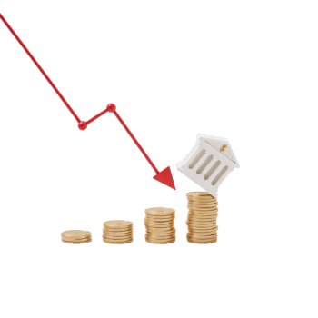 Falling housing market with declining graph impacting property values against isolated transparent png