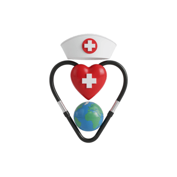 Global healthcare illustration, featuring nurse cap, stethoscope heart and earth globe in a png
