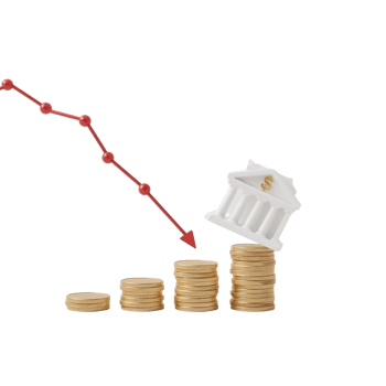 Financial downturn illustrated with falling trendline bank icon and diminishing coin stacks png
