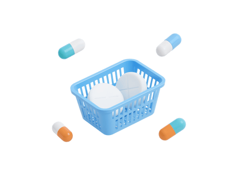 Medication and Healthcare Shopping Conceptual Illustration with Basket and Capsules in Isolation png