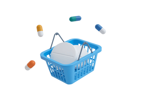 Vibrant blue shopping cart filled with medication, amidst colorful floating pills and isolated png