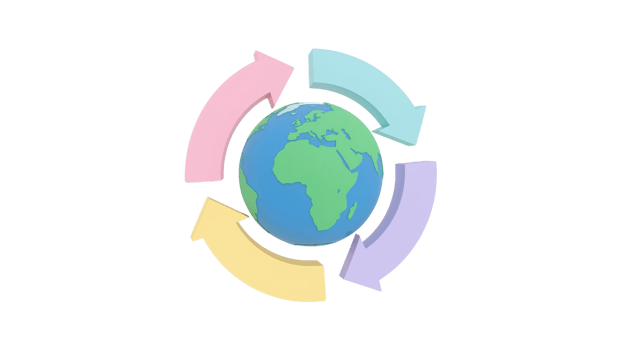 Global circulation concept featuring an earth globe surrounded by pastel colored arrows, png