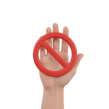 Hand holding aloft a bright red prohibition sign against a flat expanse of void png