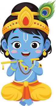 Illustration of the Hindu god Krishna as a child, sitting cross-legged and playing a flute, adorned with a crown and peacock feather. vector