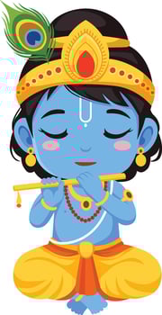Depiction of the Hindu God Krishna in a cartoon style, sitting in a meditative pose while playing the flute. vector