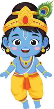 Cartoon illustration of Hindu God Krishna with blue skin, wearing a crown, jewelry, and a peacock feather. vector