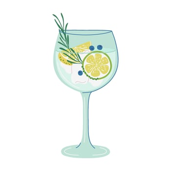 Refreshing Gin and Tonic Cocktail. Cool Summer lemonade. Glass with beverage, lime, lemon, herbs, ice. Alcohol drink made from gin. Hand drawn flat design illustration. vector
