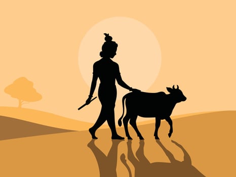 Silhouette of Lord Krishna with Cow Walking Through a Desert Landscape illustration vector