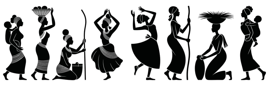Silhouettes of African Women with Children and Baskets tribal cultural vector