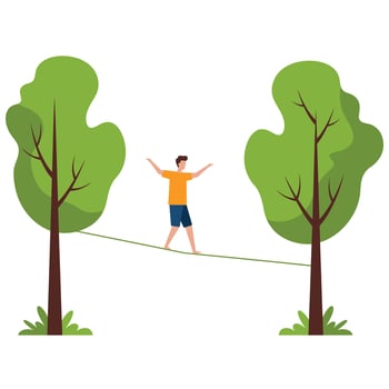 Man walking on a rope between trees illustration vector