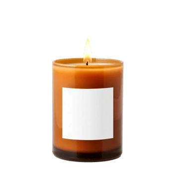 A candle with a white label on it png