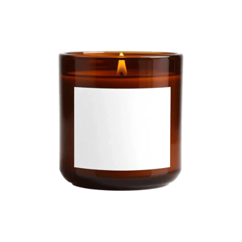 A brown candle with a white label on it png