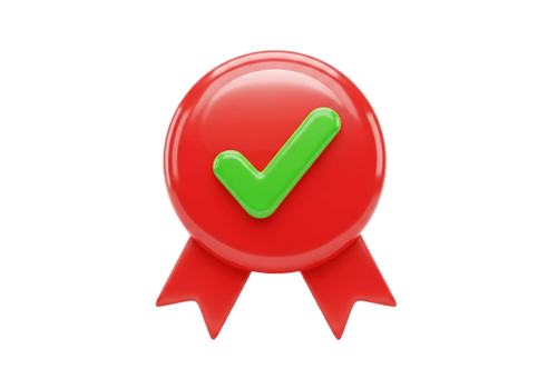 Red ribbon award with green check mark isolated on transparent background png