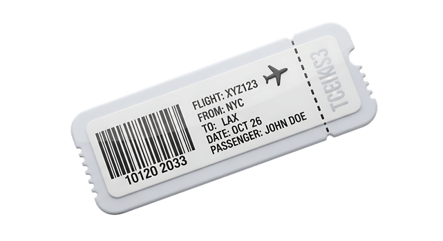 Two white paper tickets with barcodes and text isolated on transparent background png