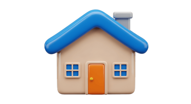 Cartoon house with blue roof and orange door isolated on transparent background png