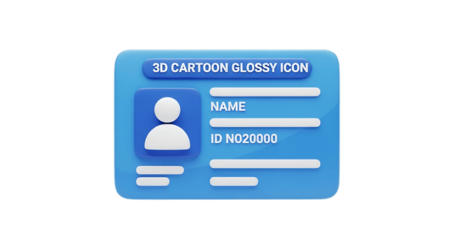 3d cartoon glossy id card with placeholder information isolated on transparent background png