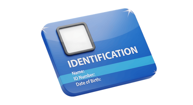 Blue identification card with photo area and text isolated on transparent background png