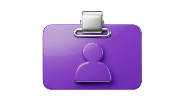 Purple user profile badge with silver clip isolated on transparent background png