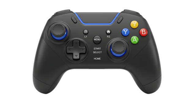 Black wireless game controller with blue accents isolated on transparent background png