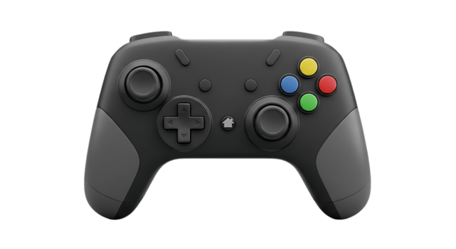 Modern black game controller with colorful buttons isolated on transparent background png