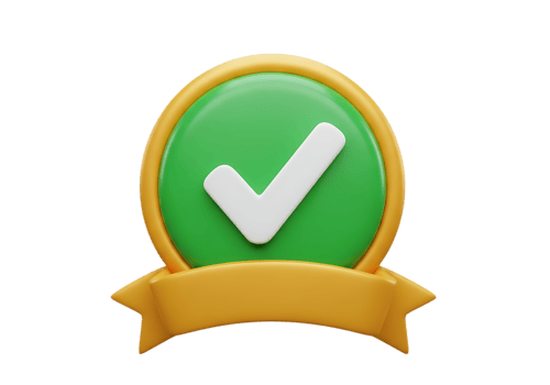 Green oval badge with white check mark and yellow ribbon isolated on transparent background png
