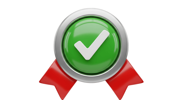Green oval badge with check mark and red ribbons isolated on transparent background png