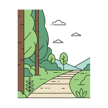 A path through the forest with trees and bushes vector