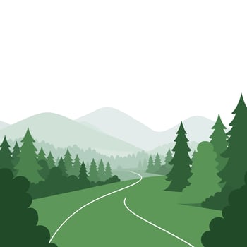 illustration of a road in the forest with trees and mountains vector