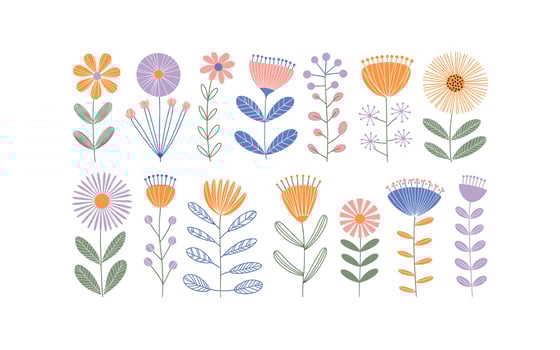 Colorful and Stylized Floral Pattern Illustration in Scandi Style Orange, Purple, and Pink Flowers on White Background with Unique Leaf Designs vector