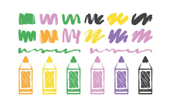 Colorful Crayon Strokes and Outlines HandDrawn Crayons in Vibrant Colors for Creative Projects, Back to School Designs and Artistic Illustrations vector