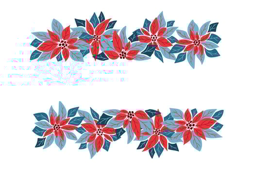 Hand drawn festive banner with red poinsettia flowers and decorative leaves. Concept of Christmas decor, winter celebration and floral holiday design vector