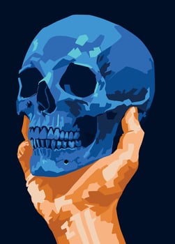 Illustration of hand holding a blue skull. vector