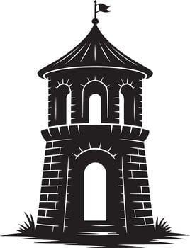 Black silhouette of a medieval tower with a conical roof and flag, isolated on white background vector