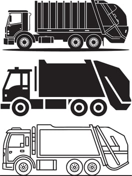 Collection of garbage truck silhouettes isolated on white background vector