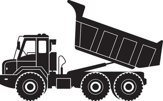Black silhouette of a dump truck with its bed raised, isolated on white background vector
