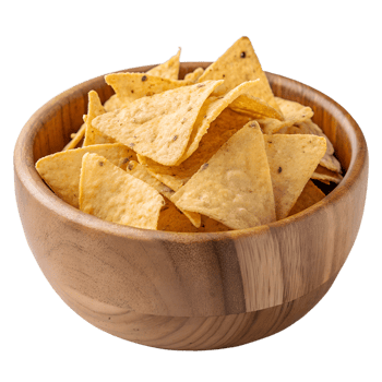 Nachos in wooden bowl, tortilla chips isolated on transparent background, party appetizer png