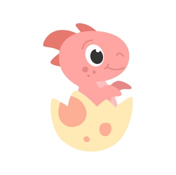 Childrens cartoon pink dinosaur. Cute newborn dinosaur sitting in half of an egg. Hatching of the baby. Cute little prehistoric animal. illustration. vector