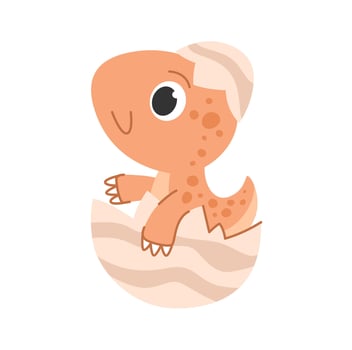 Childrens cartoon orange dinosaur. Cute newborn dinosaur sitting in half of an egg. Hatching of the baby. Cute little prehistoric animal. illustration. vector