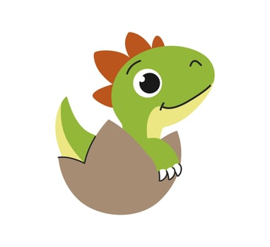 Childrens cartoon green dinosaur. Cute newborn dinosaur sitting in half of an egg. Hatching of the baby. Cute little prehistoric animal. illustration. vector