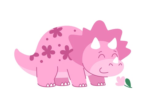 Cute herbivorous childrens dinosaur triceratops sniffing a flower. Pink dinosaur with a pattern of flowers. Cute little prehistoric animal. illustration. vector