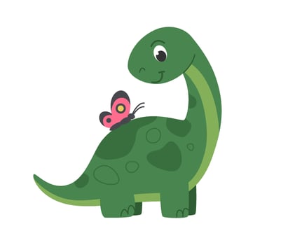 Childrens cartoon dinosaur diplodocus, brachiosaurus, brontosaurus. Green dinosaur with a butterfly on its back. Cute little prehistoric animal. illustration. vector