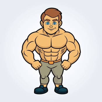 A cartoon character illustration of a bodybuilder man in a pose and grey trousers vector