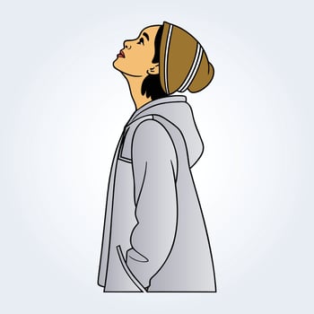 An illustration of a girl wearing a cap and looking up at the sky, vector