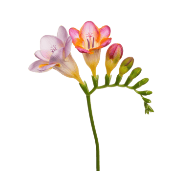 Blooming freesia flower on transparent background studio shot close up blossom petals and buds minimalist floral botanical png
