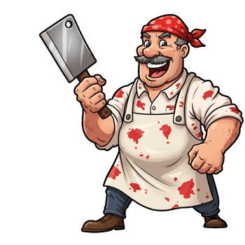 Cartoon butcher with cleaver ready to cut and serve png