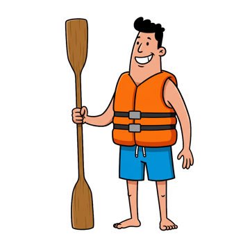 Cartoon man holding paddle wearing life vest illustration png